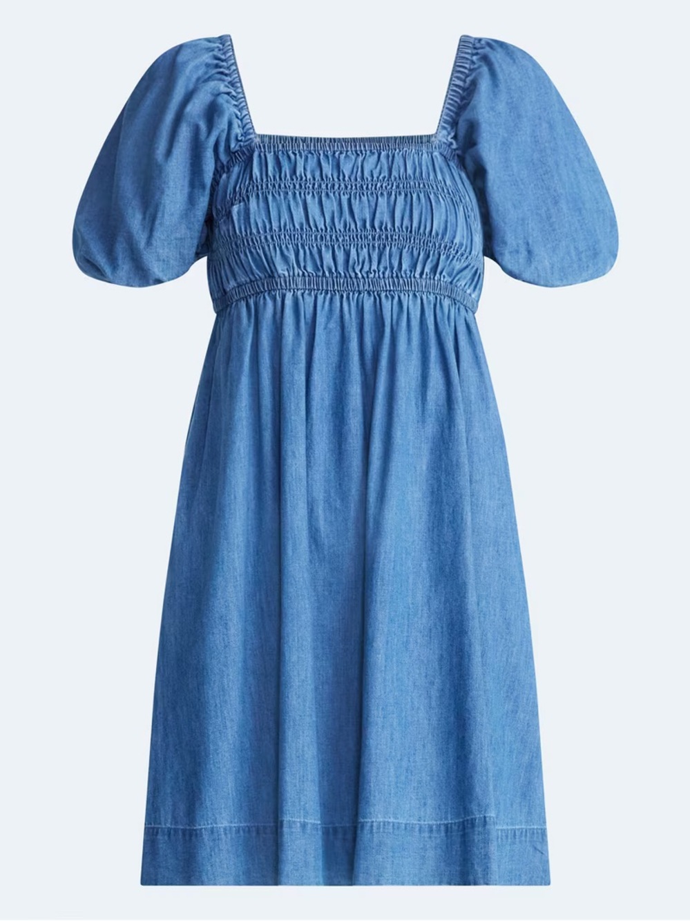 Smocked Square-Neck Mini Dress in denim with puff sleeves and pockets - Picture 4 of 12